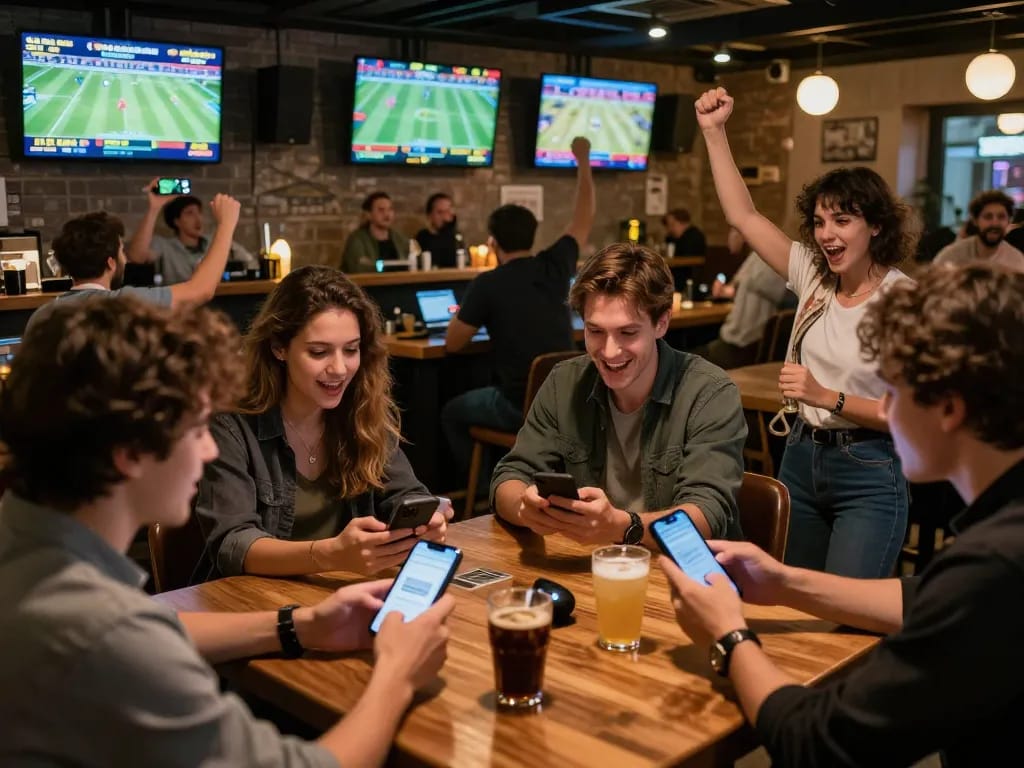 MAX88 players cheering during an exciting sports betting session at a lively bar.