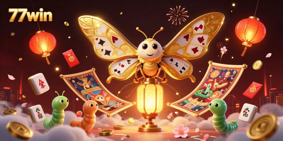 Engage your luck with 77win's vibrant casino adventure featuring a majestic moth and golden treasures.