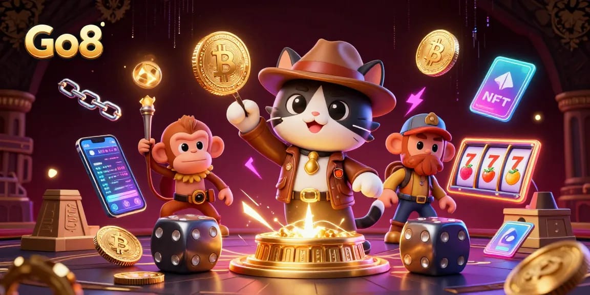 Engage with Go8's thrilling game dynamics featuring a cat explorer revealing golden artifacts amidst vibrant crypto elements.