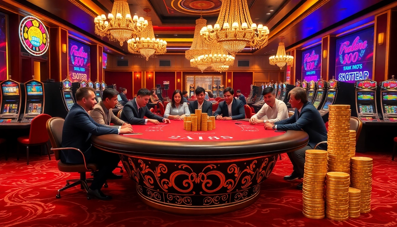 Players enjoying a vibrant casino experience at the MM88 poker table with chips and slot machines.