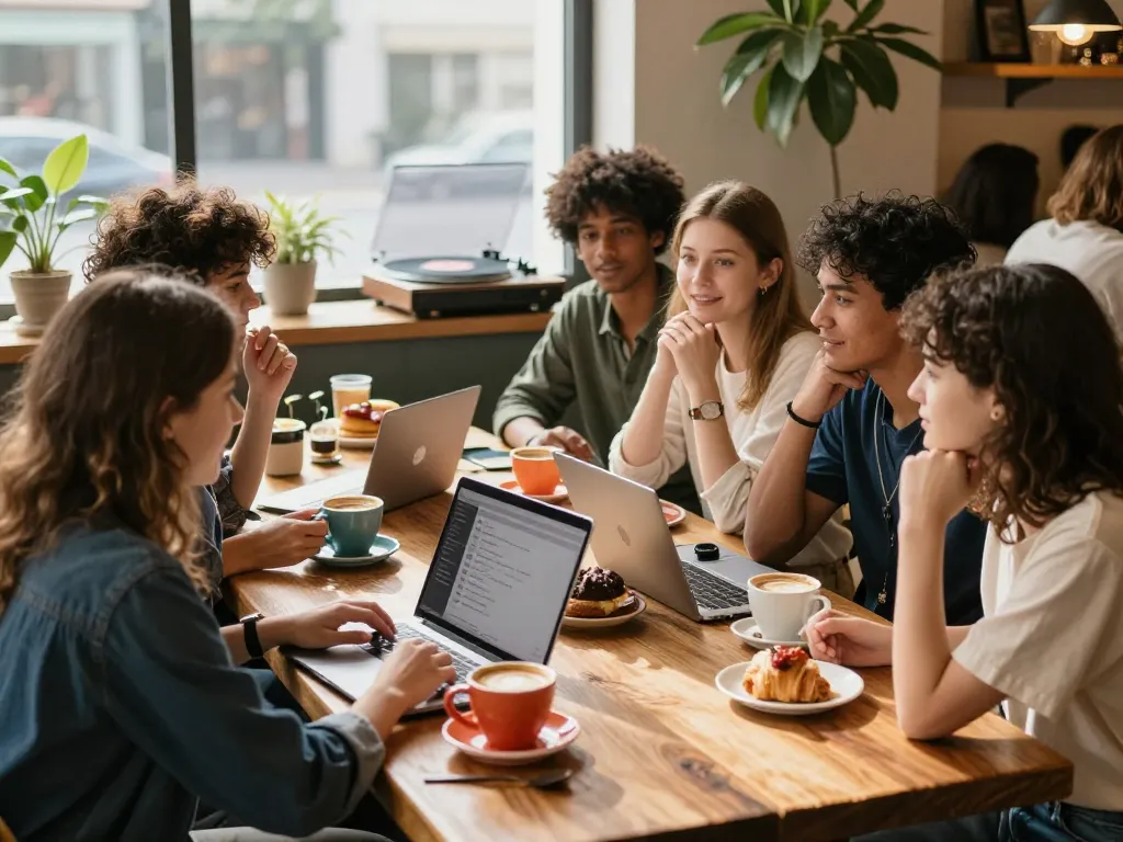 Young adults sharing stories about their crush on each other in a lively café setting.