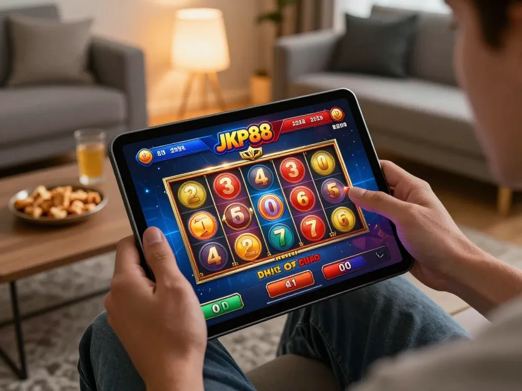 Player enjoying thrilling jkp88 online gaming session on tablet in cozy home environment.