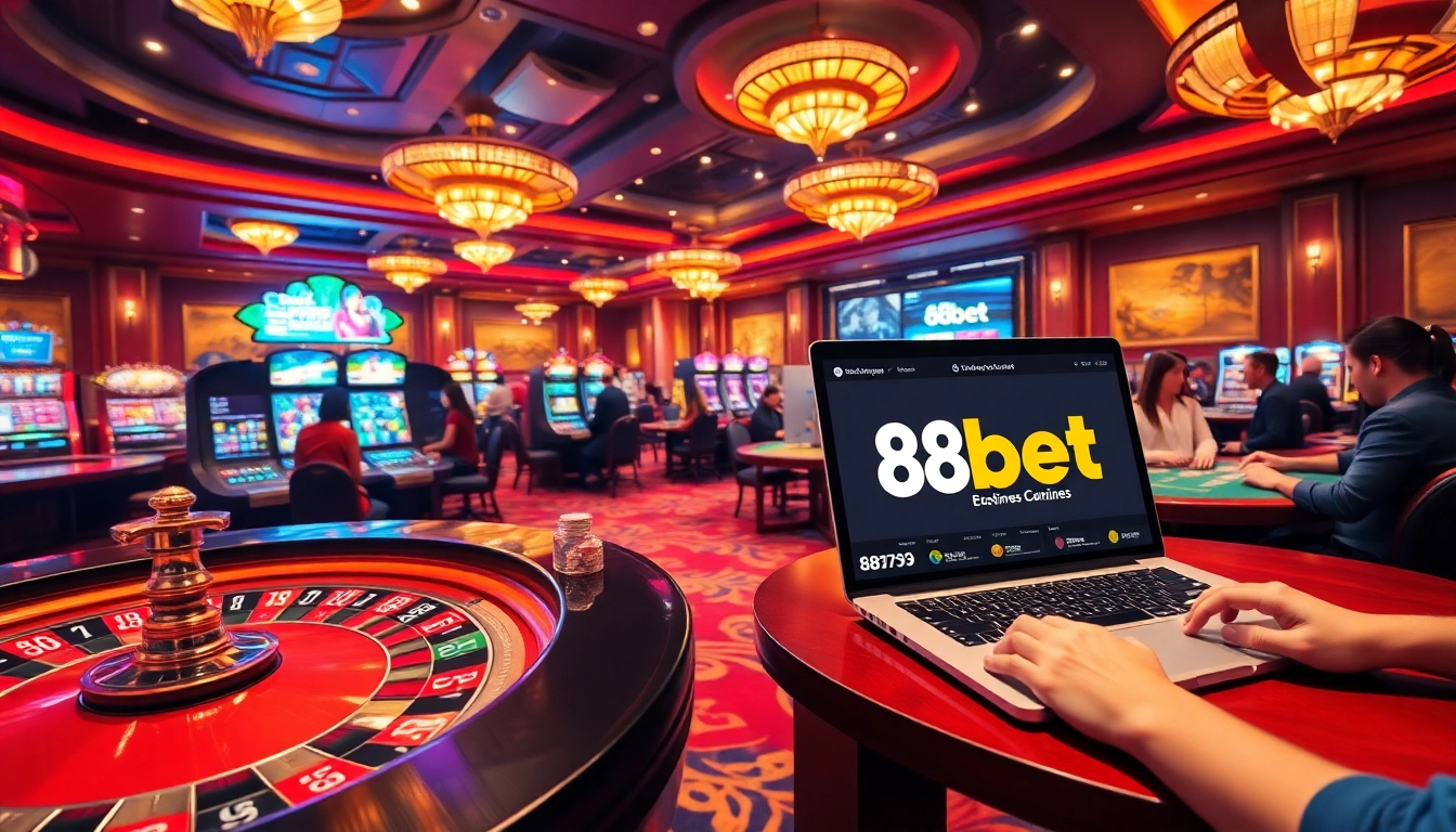 Exciting gaming scene at 88bet casino featuring roulette, poker, and slot machines.