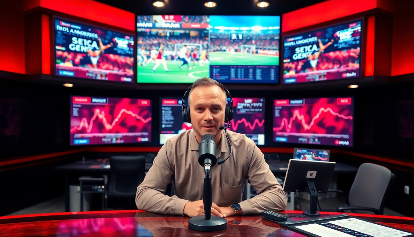 Dynamic sports broadcasting studio featuring live sports events, showcasing the excitement of Sports Broadcasting.