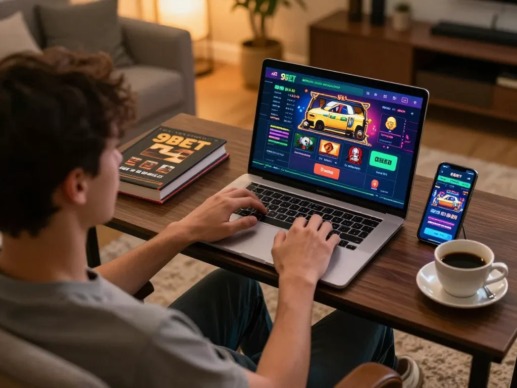 Engaging online gaming session on 9BET showing dynamic betting interface on laptop.