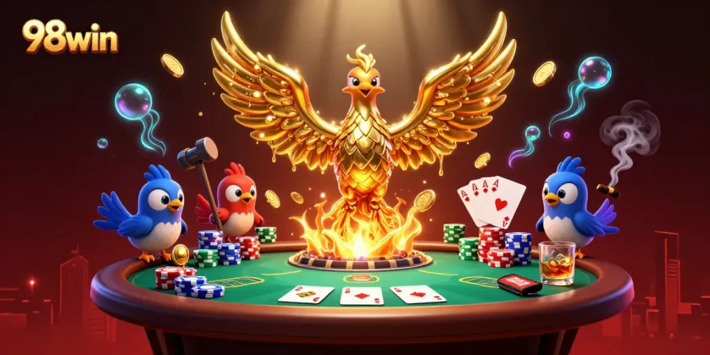 Engage with 98win's dynamic casino scene featuring gold phoenix, poker elements, and rich details.