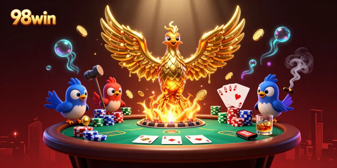 Engage with 98win's dynamic casino scene featuring gold phoenix, poker elements, and rich details.