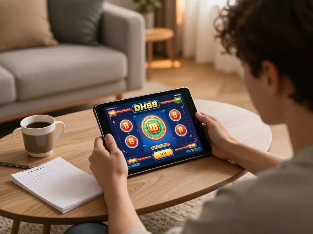 Engaging in DH88 online casino gaming with tablet showing vibrant interface in a cozy home setting.
