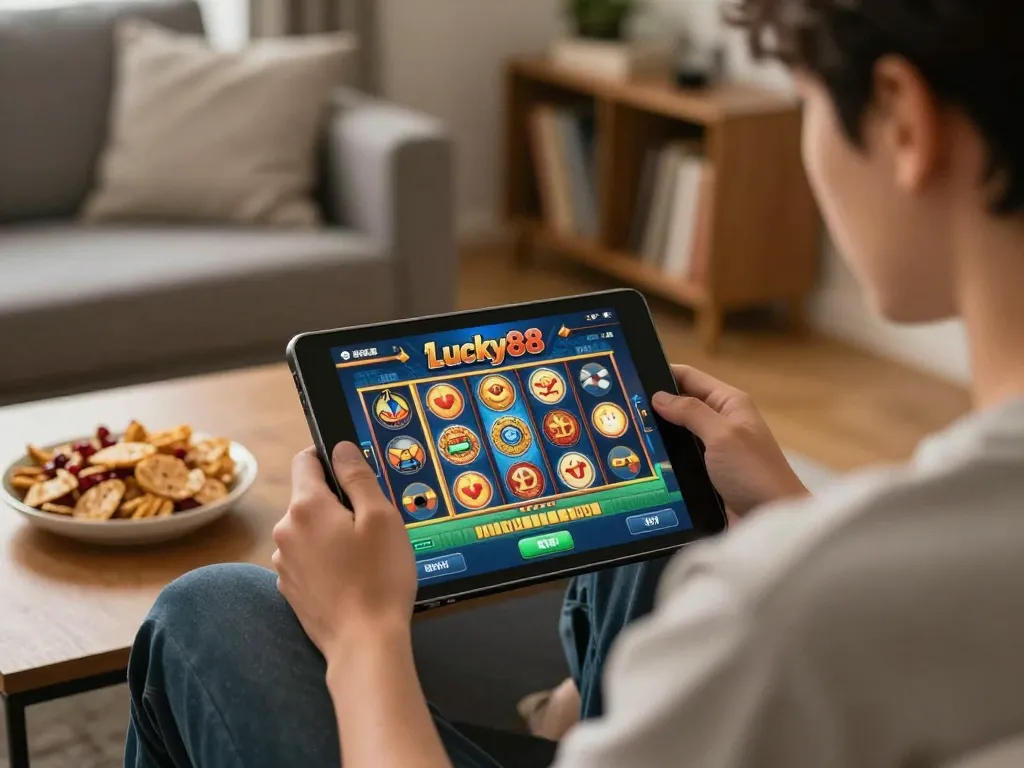 Engaged player spinning Lucky88 slot on a tablet in a cozy home setting.