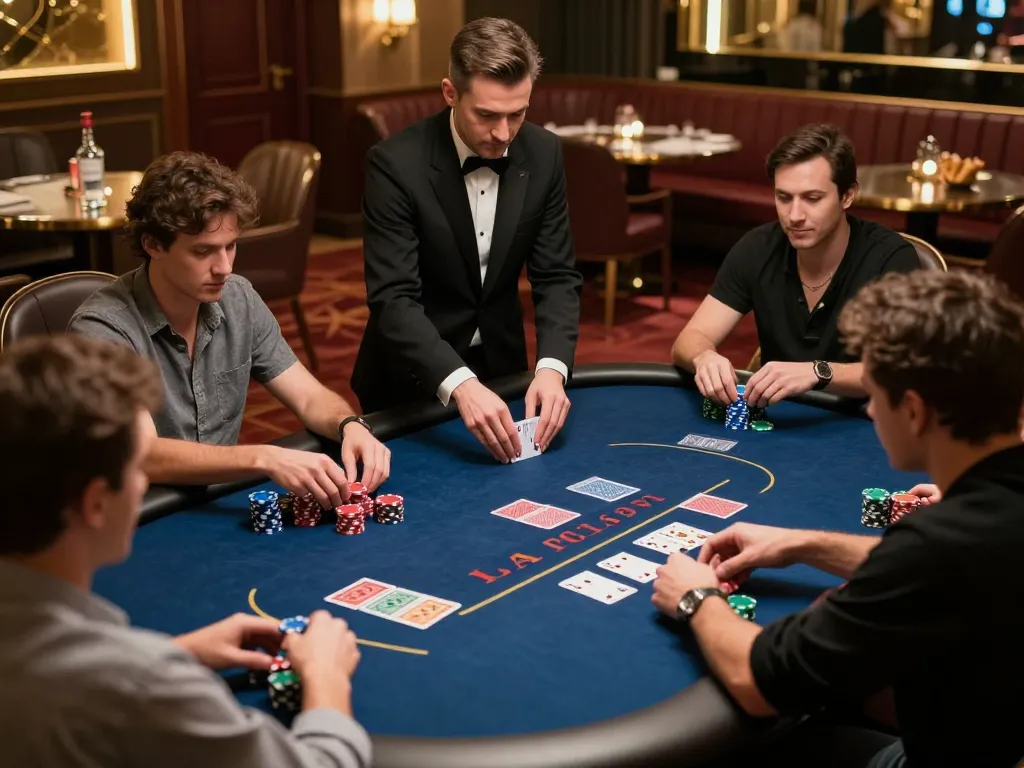 Casino 78win players strategizing in an upscale poker game with warm lighting and a luxurious ambiance.