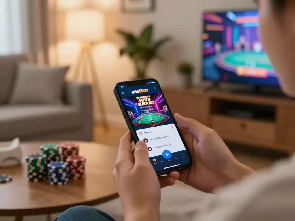 Engaging mobile gaming experience on the one88on app with stylish decor, showcasing home gambling.