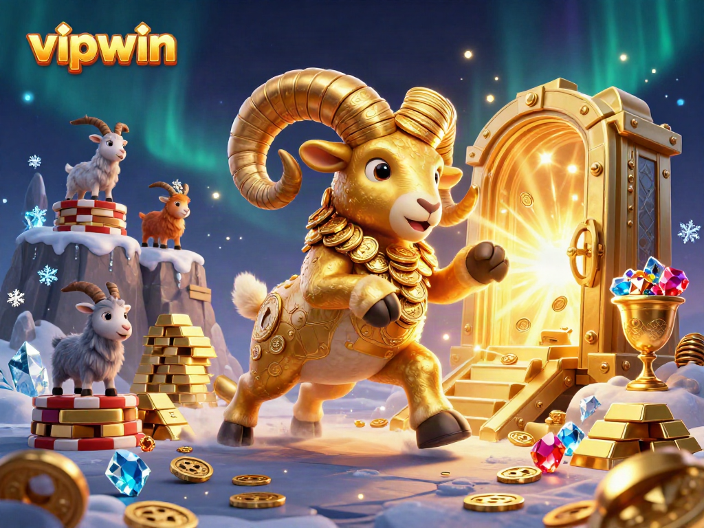 Experience thrilling wins at VIPWIN with a golden ram charging through a dazzling treasure vault.