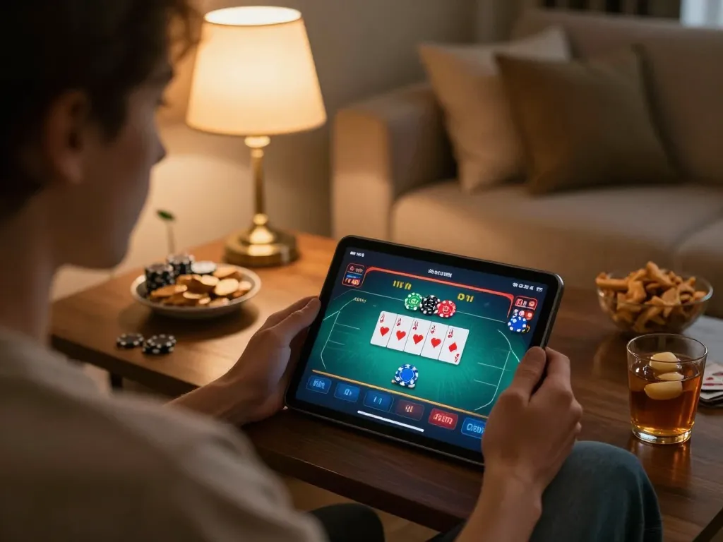 Enjoying gen88h online poker on tablet in cozy home setup with strategic elements.