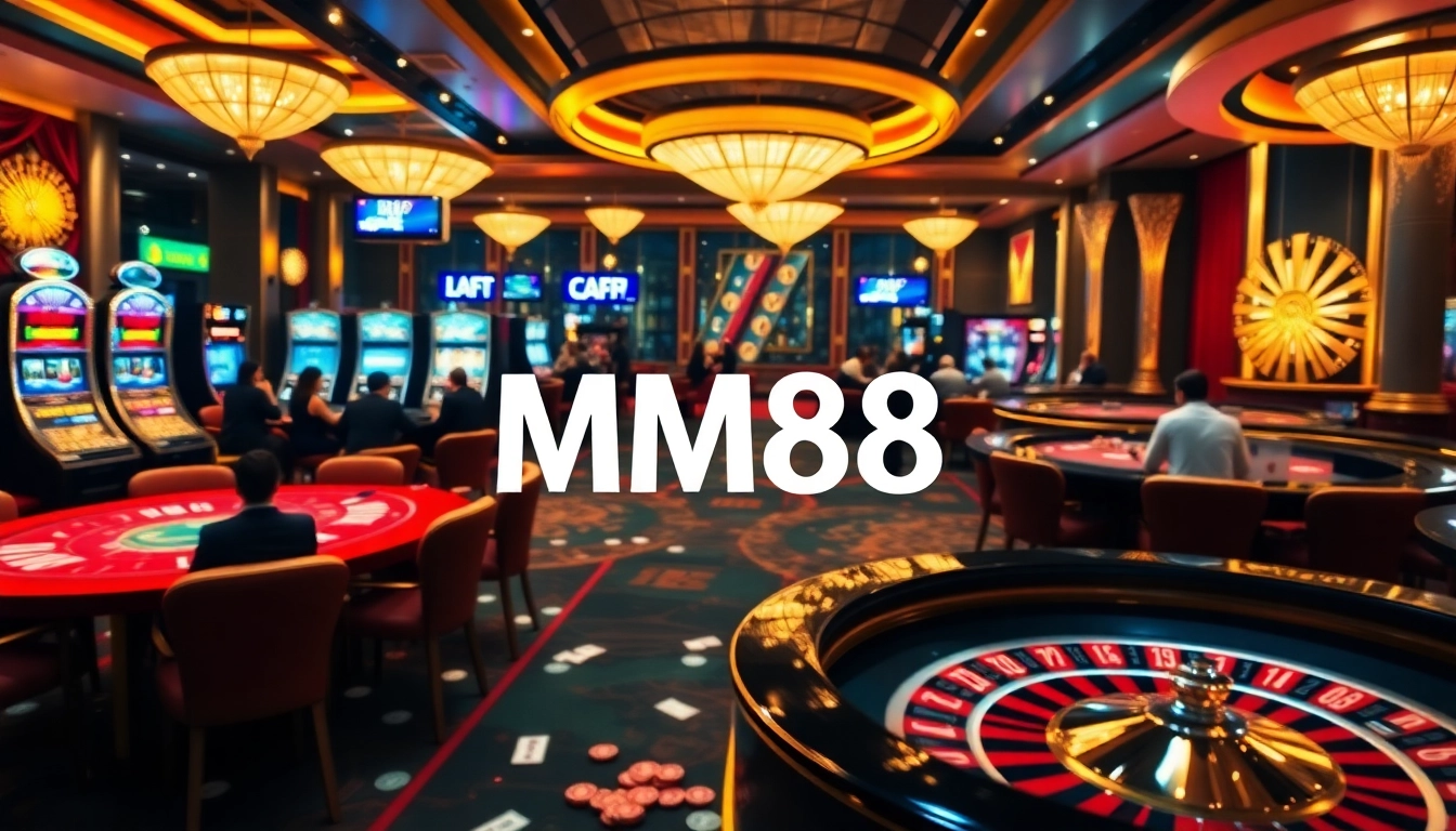 Experience the excitement of MM88 with vibrant casino gaming tables and luxurious slot machines.
