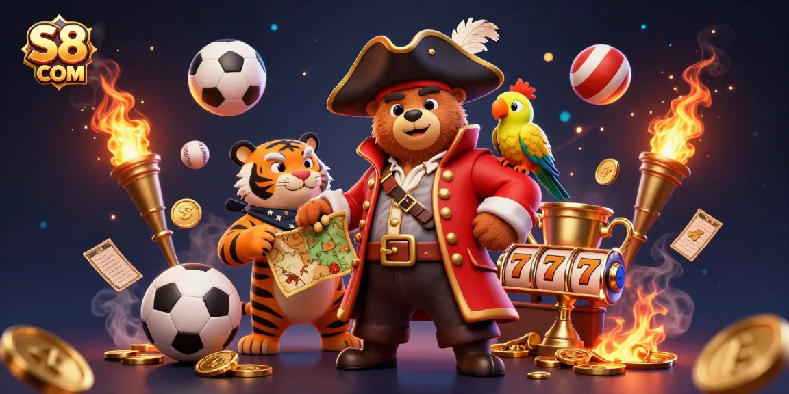 Engage in fun games on S8 COM with a cartoon pirate captain bear and tiger celebrating wins.