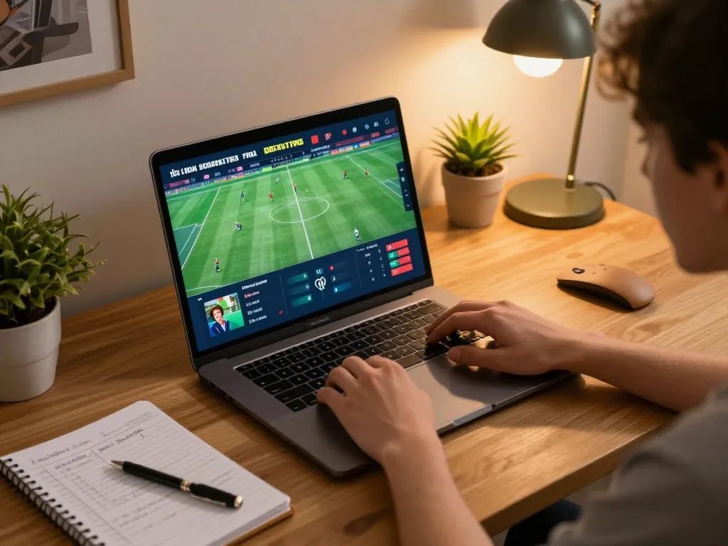 Engaged in online sports betting, viewing kết quả bóng đá on the screen while analyzing strategies.