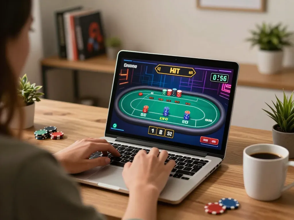 Player engaging in an online poker game on vaobet, highlighting strategic gameplay in a cozy home setting.