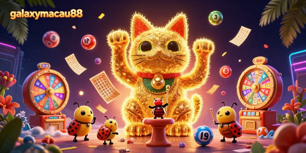 Engage with galaxymacau88's vibrant casino world, showcasing animated lucky cat symbols and dynamic lottery elements.