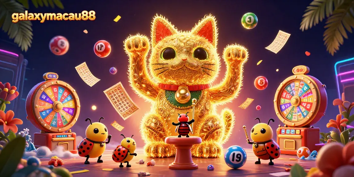 Engage with galaxymacau88's vibrant casino world, showcasing animated lucky cat symbols and dynamic lottery elements.