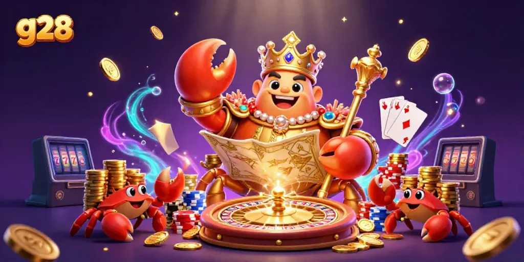 G28 gambling illustration with a golden crab emperor surrounded by casino elements and vibrant treasures.