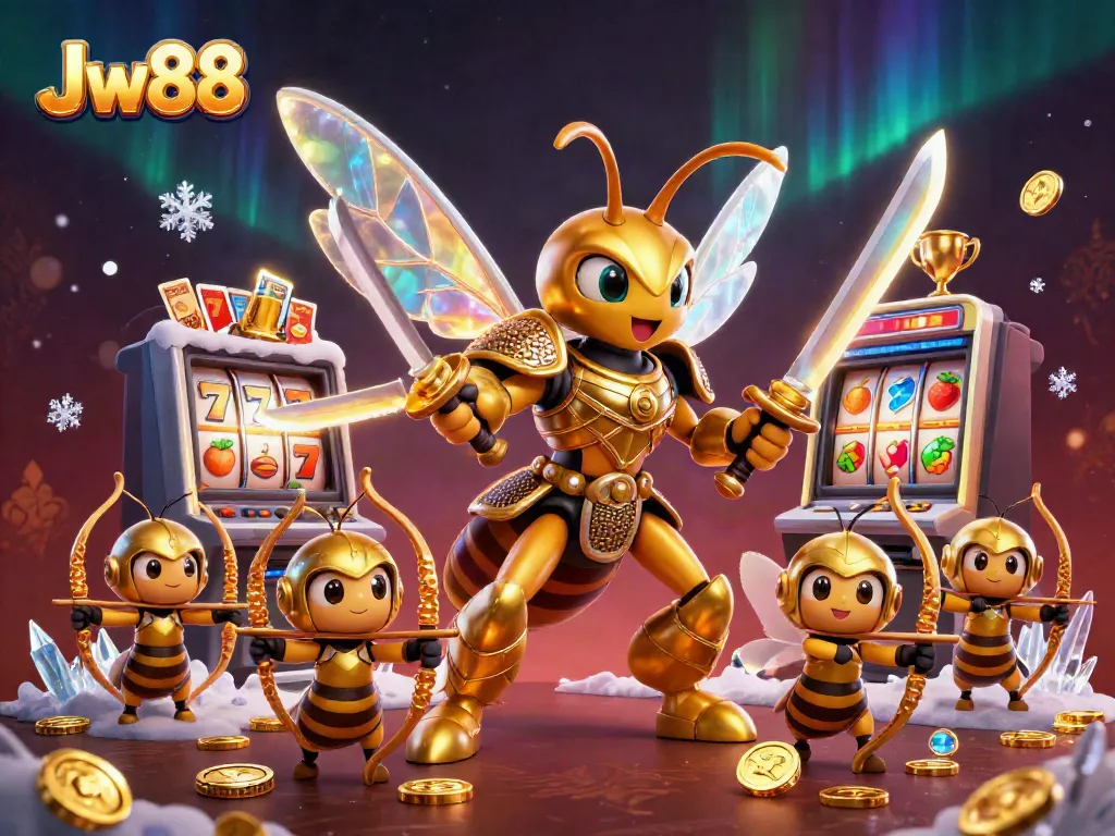 Experience the excitement of Jw88 with a dynamic 3D casino illustration featuring a golden hornet samurai.