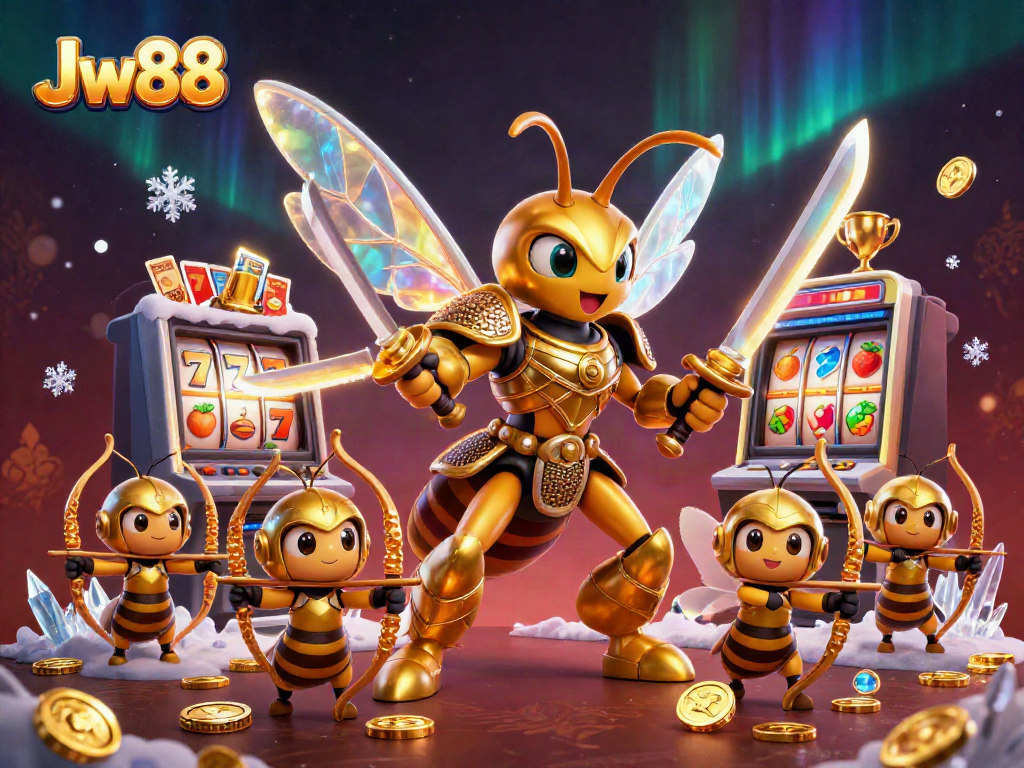 Experience the excitement of Jw88 with a dynamic 3D casino illustration featuring a golden hornet samurai.