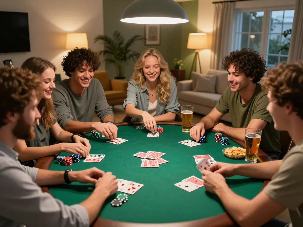 Friends enjoying an exciting poker night at home, demonstrating the fun of xx88 social gaming.