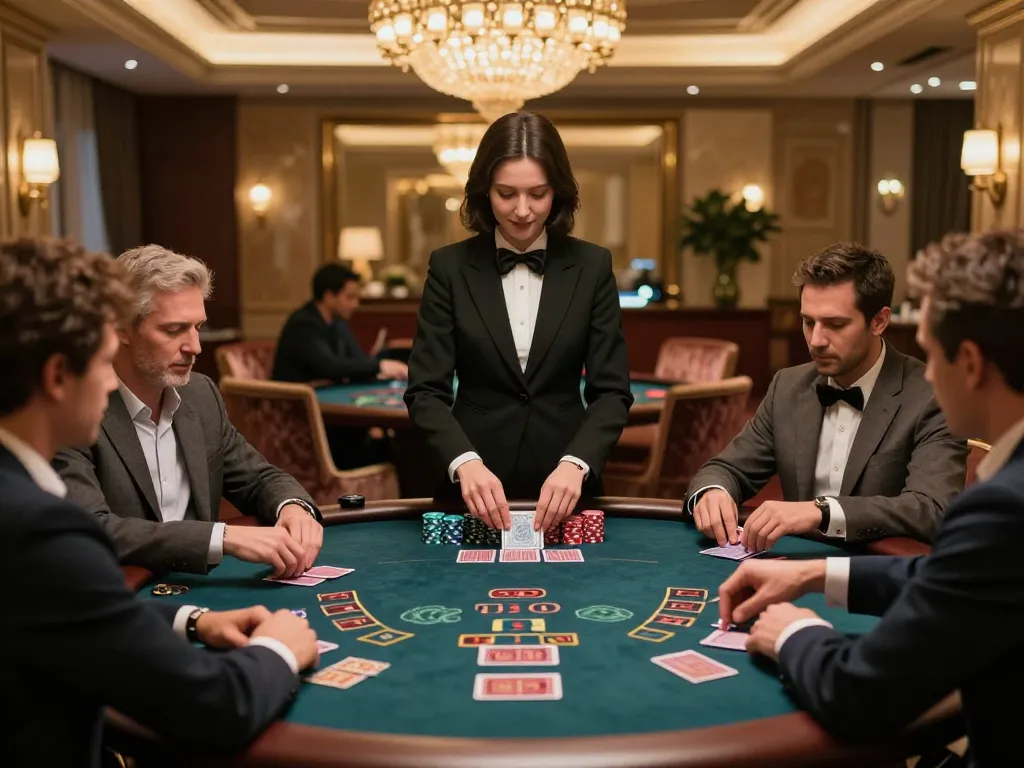 Experience the thrilling blackjack game at Da88 VIP casino, where high-stakes players engage with a professional dealer.