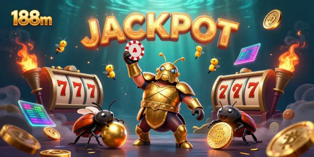 188m showcases a victorious beetle lifting a poker chip amidst glowing gaming symbols and slot reels.