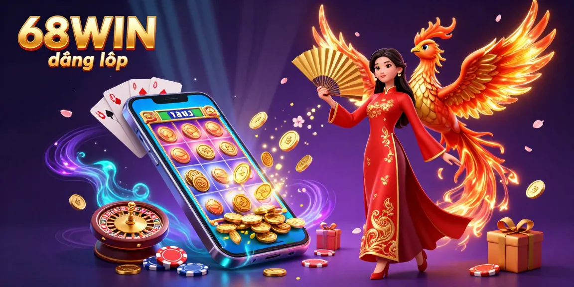 Engage with 68WIN đăng nhập in a vibrant 3D casino scene featuring a woman in traditional dress.