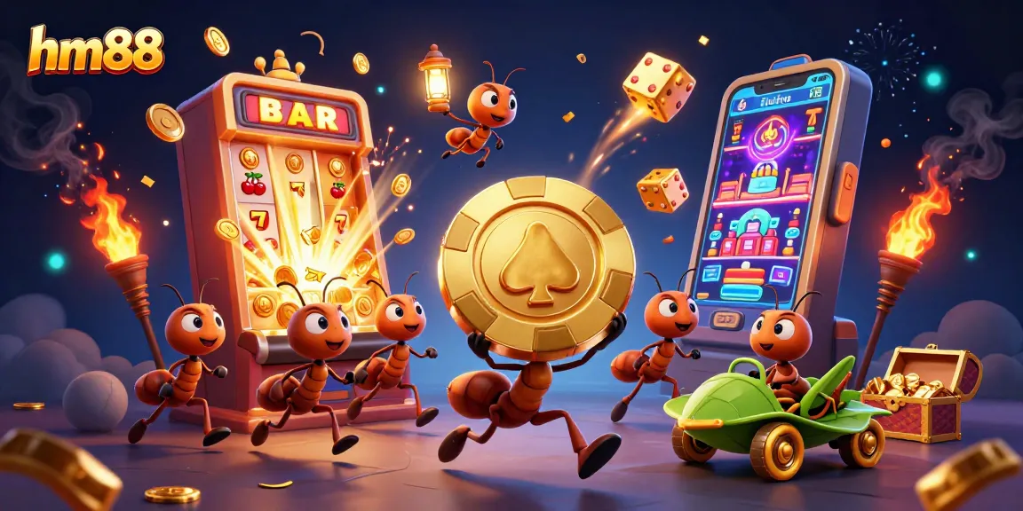 Experience thrilling gaming with hm88 in 3D as cartoon ants race for a giant poker chip in a vibrant casino scene.