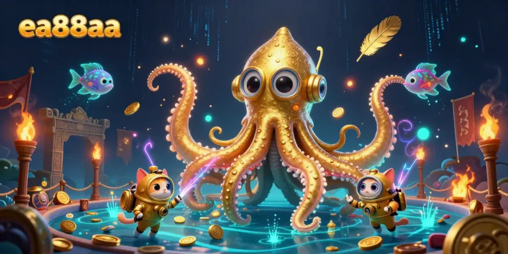 Play slots and win big at ea88aa, with a kraken and diving cat in a treasure-filled ocean.