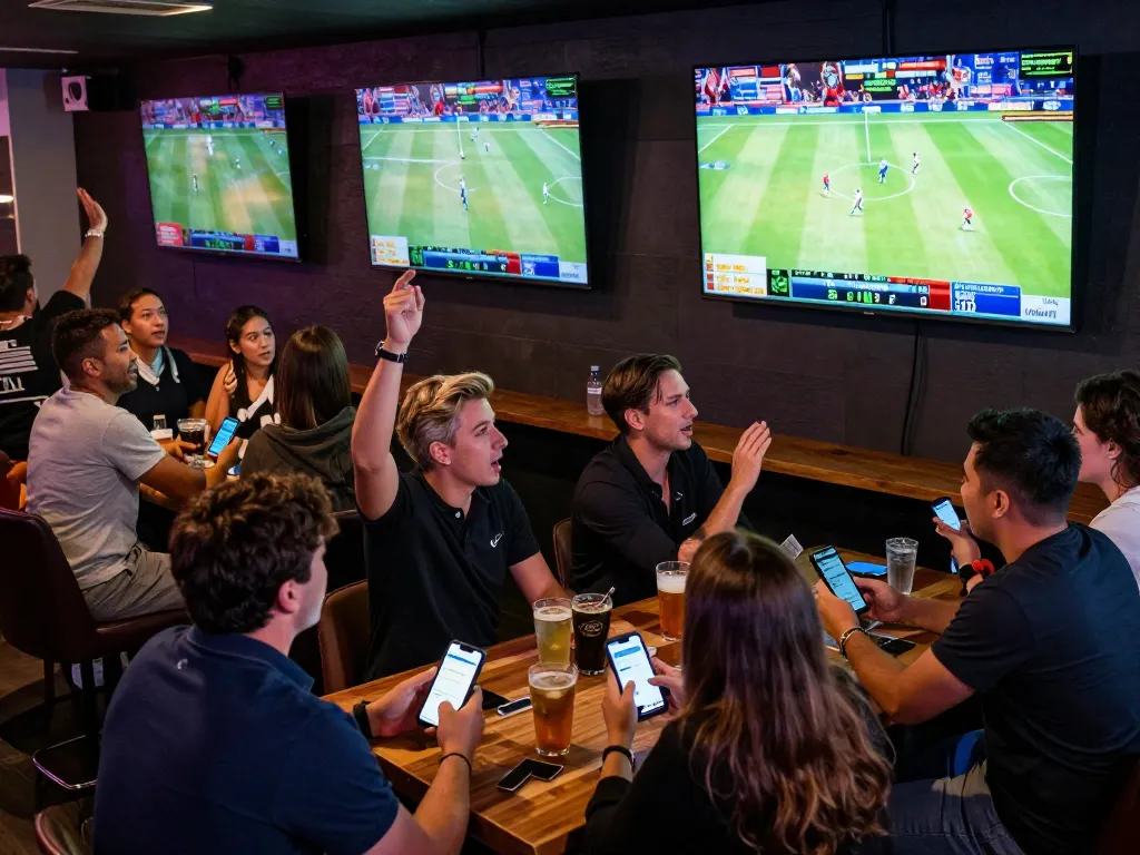3BET sports enthusiasts placing bets at a lively venue with multiple screens.