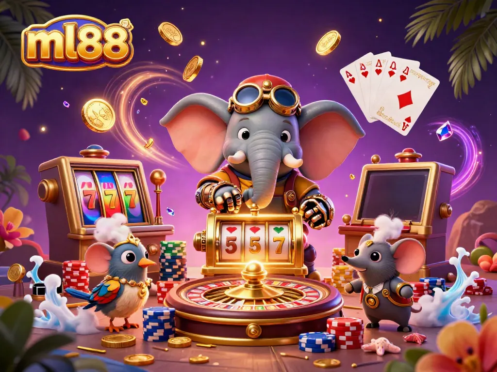 Win big at ml88 with this vibrant scene of a steampunk elephant and friends spinning a golden slot machine surrounded by treasures.