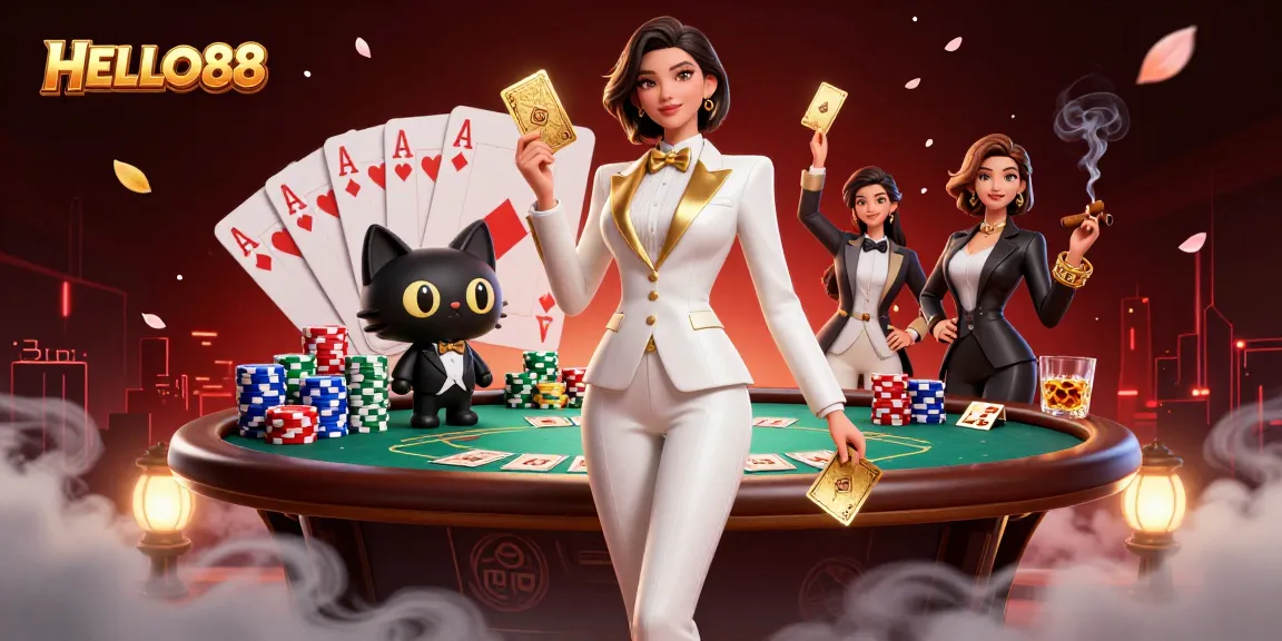 Engaging scene showcasing HELLO88 with a glamorous dealer, cat character, and poker elements highlighting an exciting gambling atmosphere.