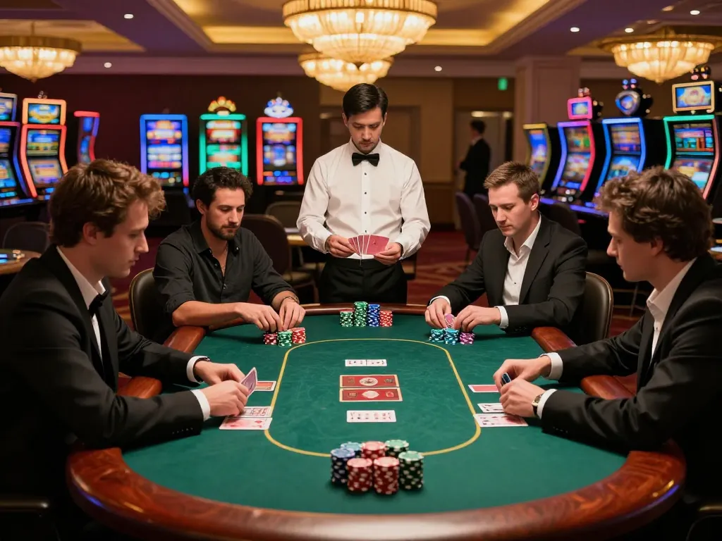 Tic88 players strategizing in an intense poker game, chips visible, luxurious casino atmosphere