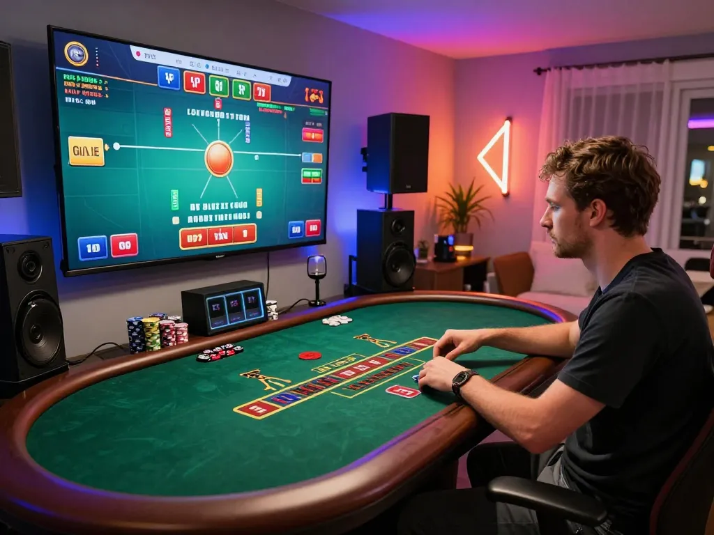 Player using online casino app to engage with scap features, enjoying blackjack in a vibrant home setup.