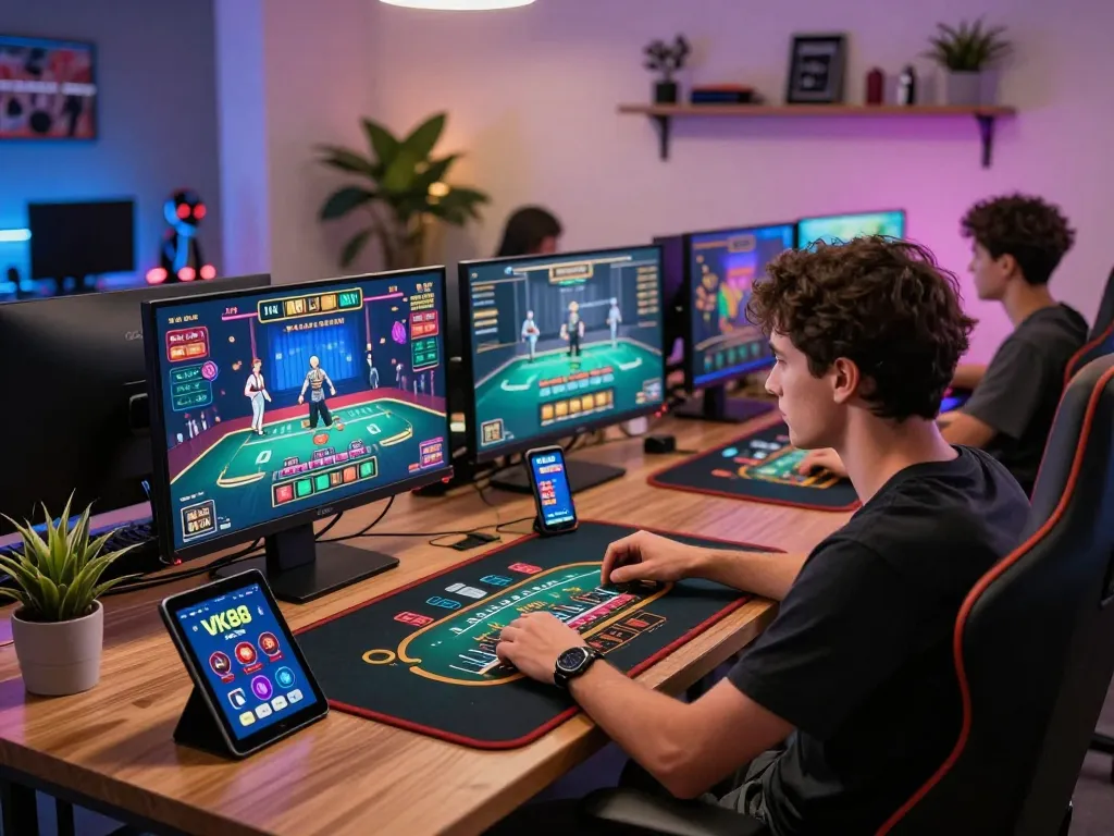 Experience intense gameplay at VK88 with a player engrossed in a live dealer blackjack game on multiple screens, showcasing a modern gaming setup.