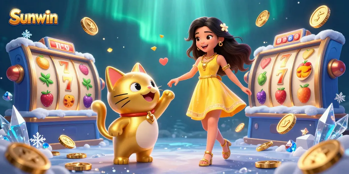 Play exciting slot games with Sunwin featuring a cheerful woman and a lucky cat surrounded by coins.