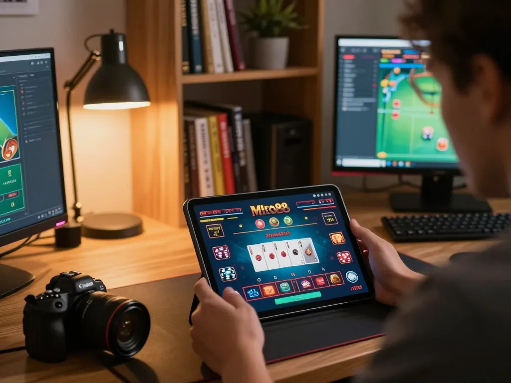 Miso88 user enjoying online gaming on a tablet in a cozy home setup, showcasing strategic gameplay.