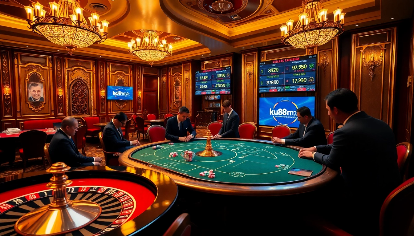 Players enjoying a thrilling poker game at ku88m.com, vibrant casino atmosphere with roulette and chips.