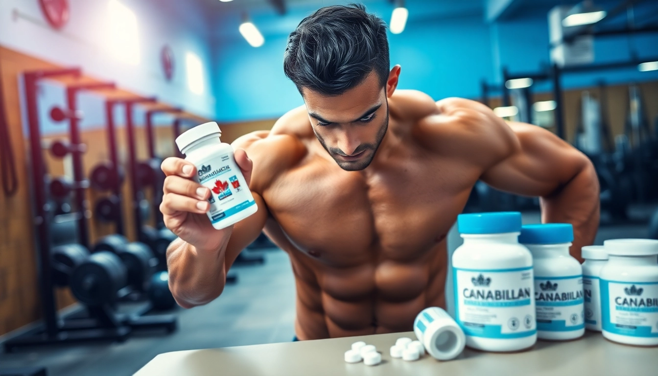 Showcase of Canadian anabolics held by a fitness enthusiast in an energizing gym atmosphere.
