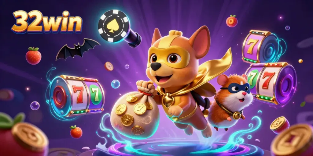 Experience thrilling wins at 32win with a dynamic casino scene of a superhero dog and hamster surrounded by vibrant gaming elements.