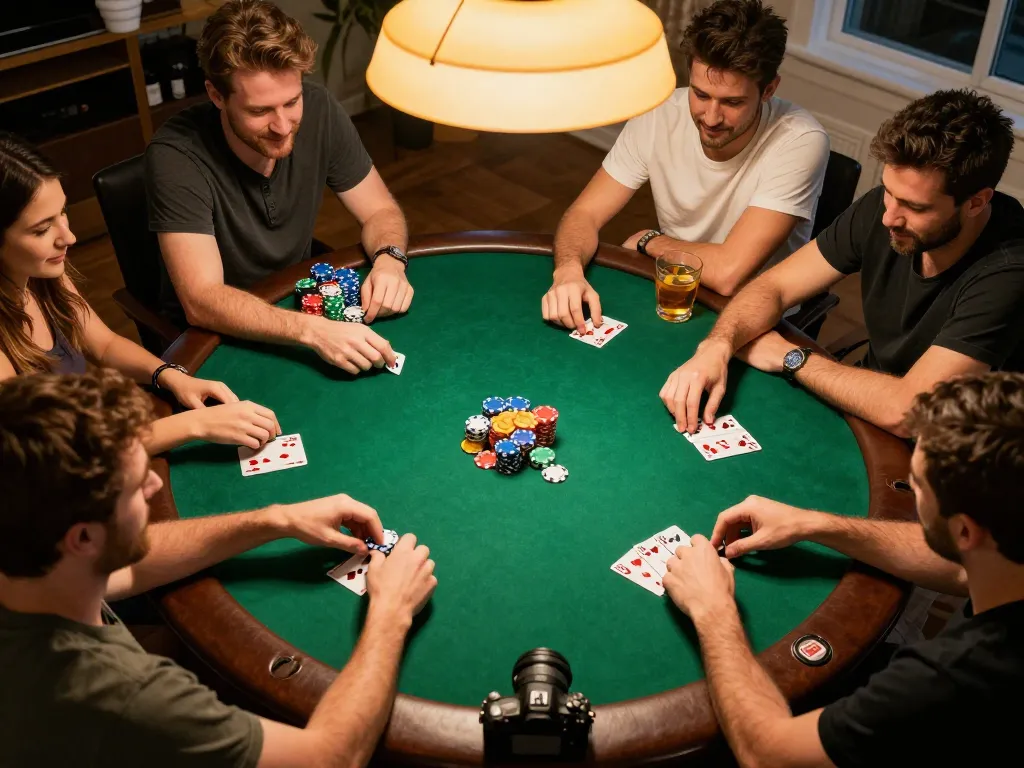 A fun home poker night around a stylish table showcasing Trang Chủ XX88 gameplay with friends