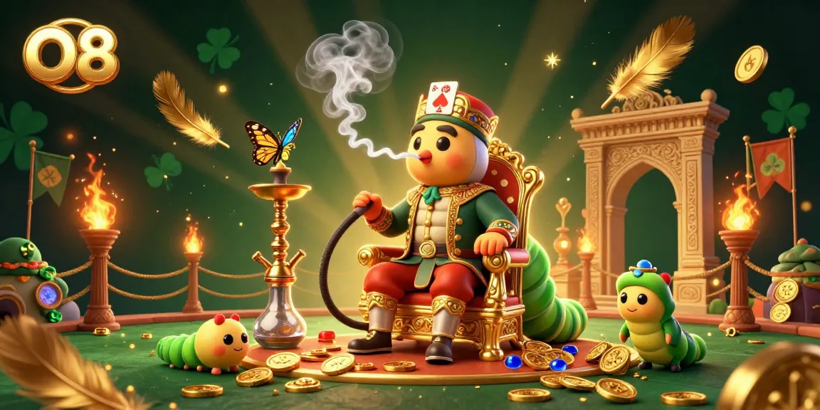 Experience the thrilling atmosphere of O8 with a mesmerizing 3D illustration featuring a vibrant cartoon caterpillar master in a grand gambling scene.