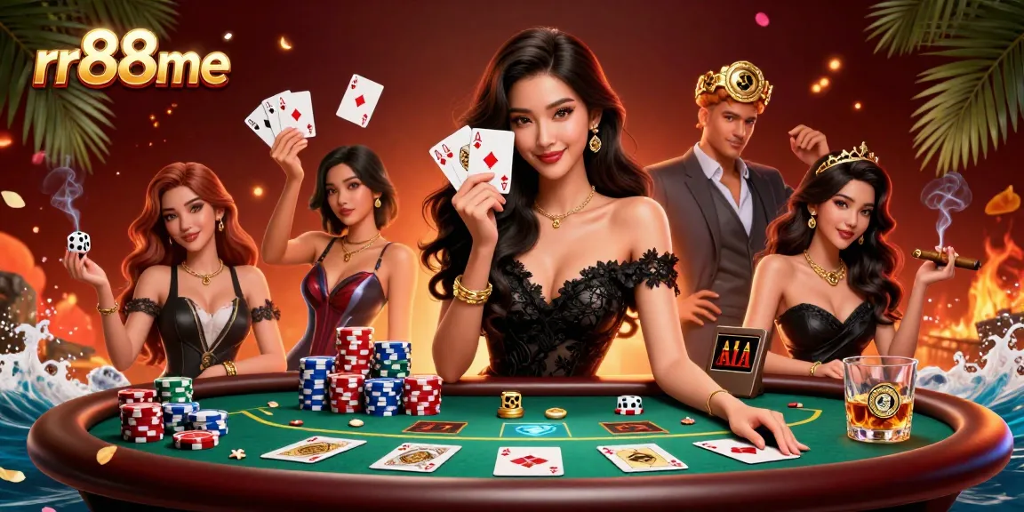 Engage with the vibrant world of gambling at rr88me with an elegant woman showcasing her playing cards in a dynamic casino setting.