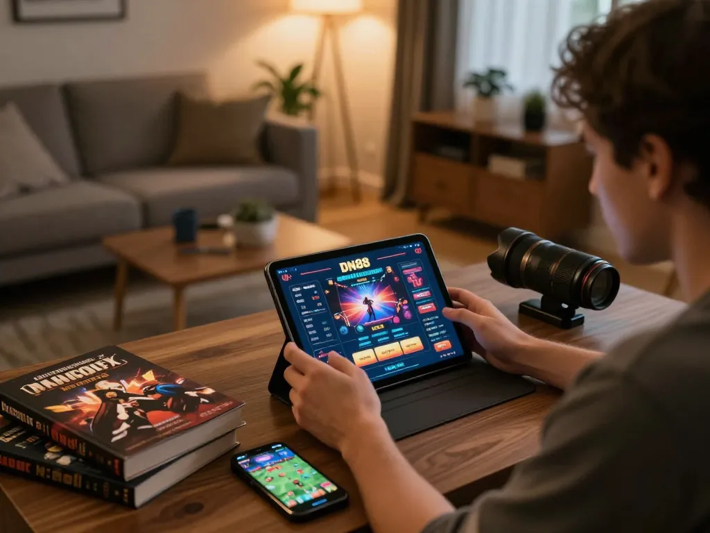 Engaging user playing on DN88 casino platform in a cozy home setting