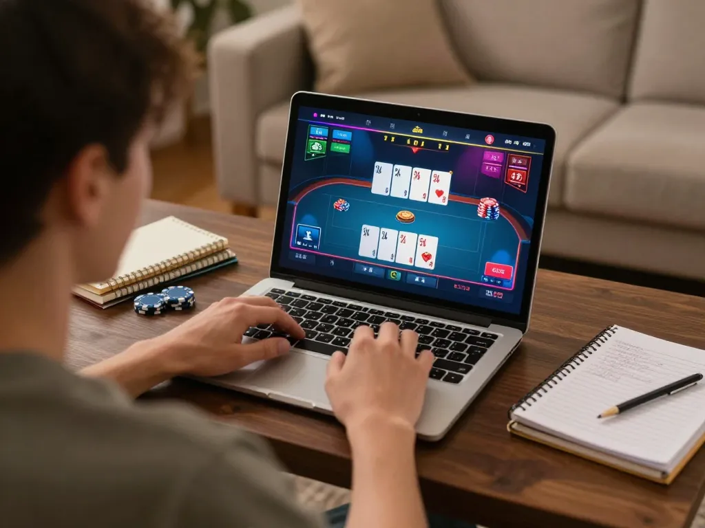 Engaging in an exciting Link vào Five88 online poker game on a laptop in a cozy home setting