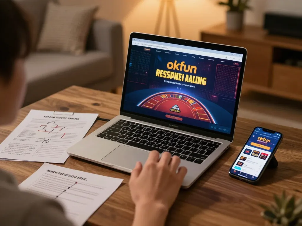 Engaging with the okfun online casino app in a cozy home setup for responsible gaming.