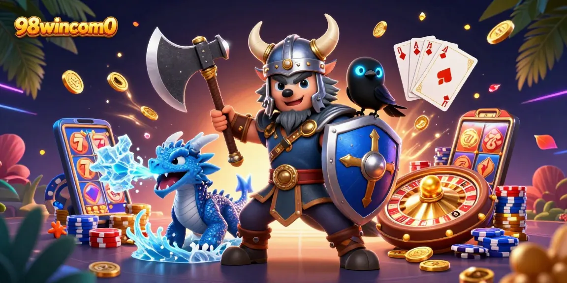 Experience thrilling gaming action with 98wincom0 featuring playful characters in a vibrant casino landscape.